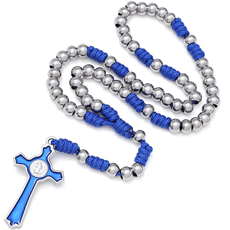 KOMI Handmade Stainless Steel Rosary Beads Necklace Braided by Durable Paracord Religious Catholic Beaded Rosary with Cross