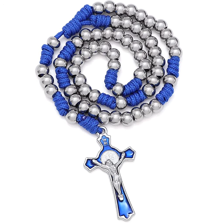 KOMI Handmade Stainless Steel Rosary Beads Necklace Braided by Durable Paracord Religious Catholic Beaded Rosary with Cross