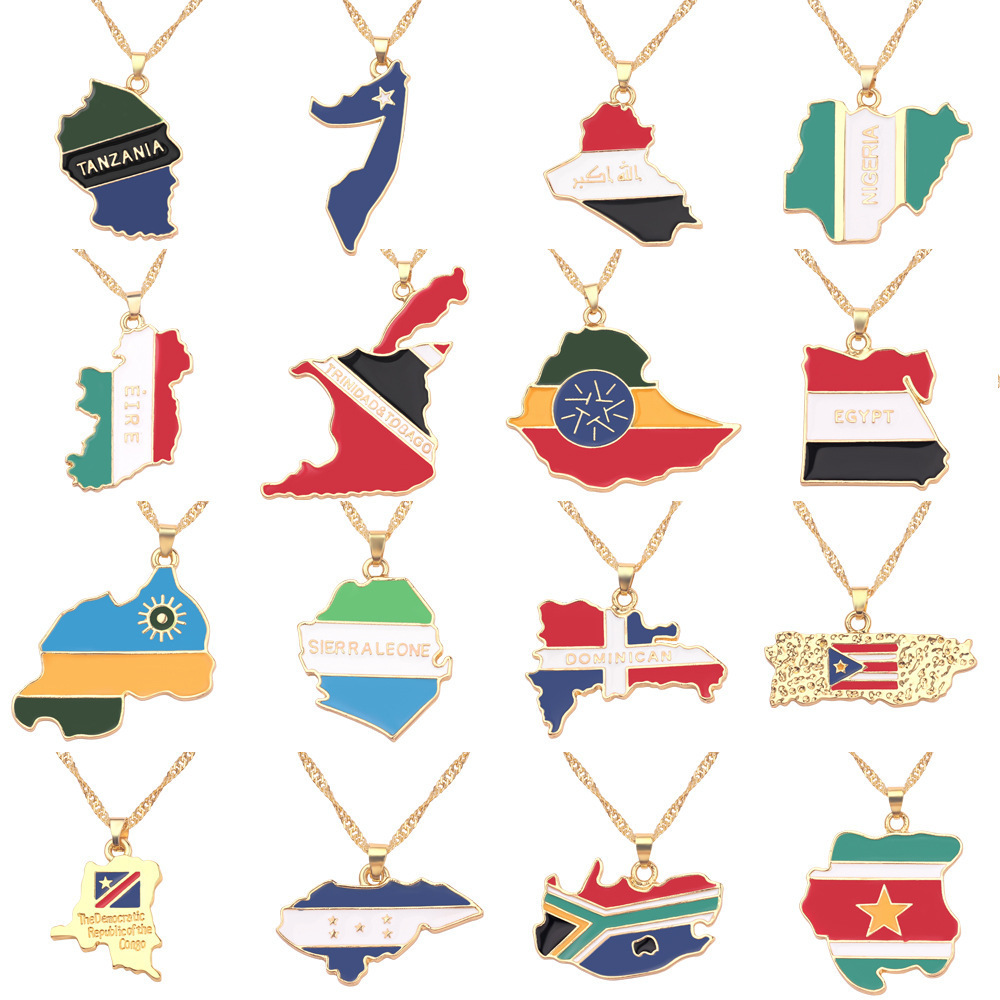 2022 Wholesale Map Pendant Necklace for Women Men Gold Plated Jewelry Country Map Flag Necklaces