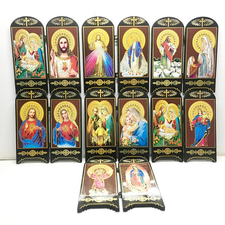 KOMI Religious Jesus Virgin Mary Small Screen Wood Table Standing Ornaments Handmade Catholic Wooden Crafts Gifts for House Deco