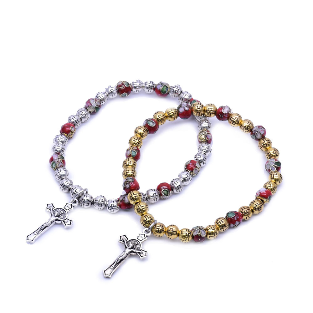 2022 Wholesales 6mm Cloisonne Catholic Gif Cross Crucifix Prayer Beads Stretch Rosary Bracelet