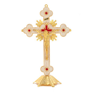 KOMI Home Decorations Gold Metal White Enamel Crucifix Cross Table Ornaments Wall Hanging for Office Restaurant Home Decor Craft