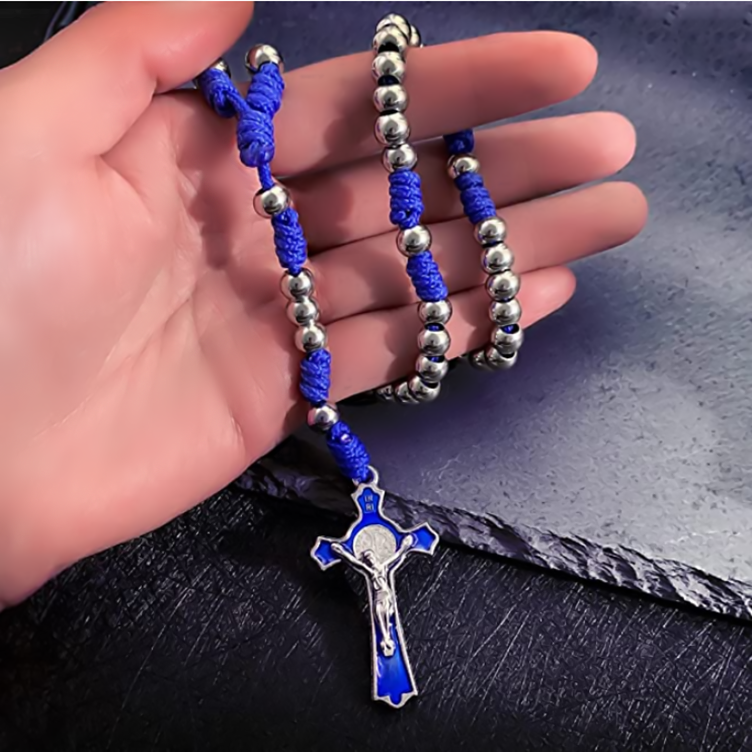 KOMI Handmade Stainless Steel Rosary Beads Necklace Braided by Durable Paracord Religious Catholic Beaded Rosary with Cross