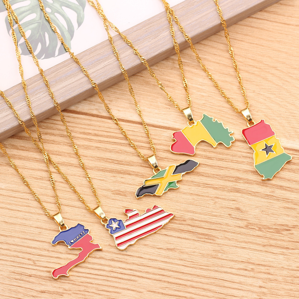 2022 Wholesale Map Pendant Necklace for Women Men Gold Plated Jewelry Country Map Flag Necklaces