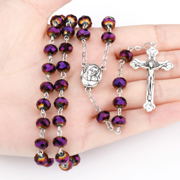 2023 Hot sell  Rosary  8*6mm glass cut face crystal Jesus Cross Christ Maria stock rosary necklace