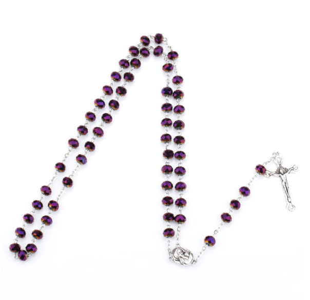 2023 Hot sell  Rosary  8*6mm glass cut face crystal Jesus Cross Christ Maria stock rosary necklace