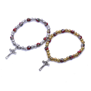 2022 Wholesales 6mm Cloisonne Catholic Gif Cross Crucifix Prayer Beads Stretch Rosary Bracelet