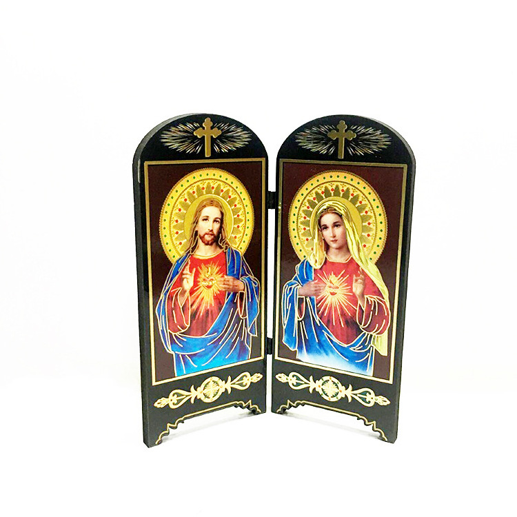 KOMI Religious Jesus Virgin Mary Small Screen Wood Table Standing Ornaments Handmade Catholic Wooden Crafts Gifts for House Deco