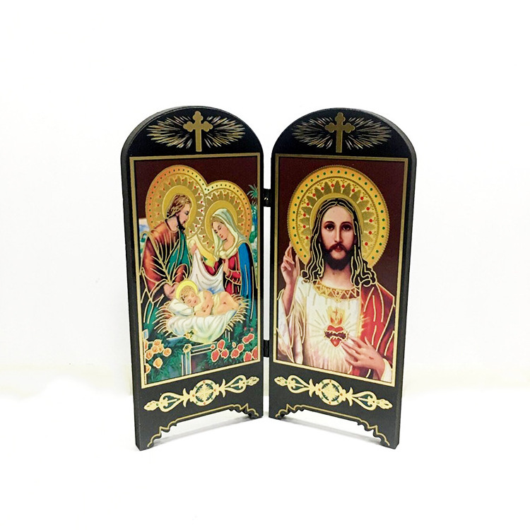 KOMI Religious Jesus Virgin Mary Small Screen Wood Table Standing Ornaments Handmade Catholic Wooden Crafts Gifts for House Deco