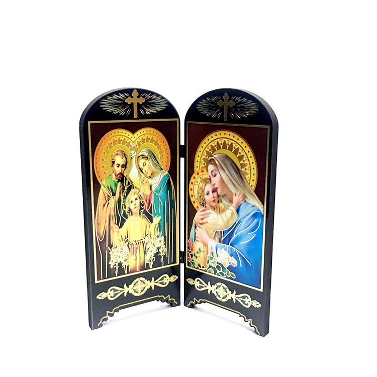 KOMI Religious Jesus Virgin Mary Small Screen Wood Table Standing Ornaments Handmade Catholic Wooden Crafts Gifts for House Deco