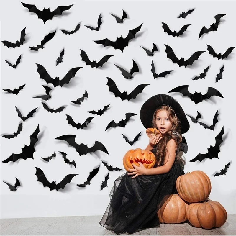 12/24/48pcs Halloween Party DIY Bar Room Decor Party Scary Props Wall Sticker Halloween Decoration 3D Black Bat