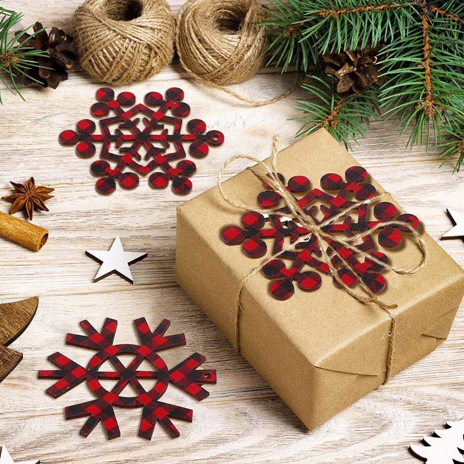 Christmas Decoration Pendant Wooden Crafts Plaid Snowflake Hollow Christmas Tree Ornament