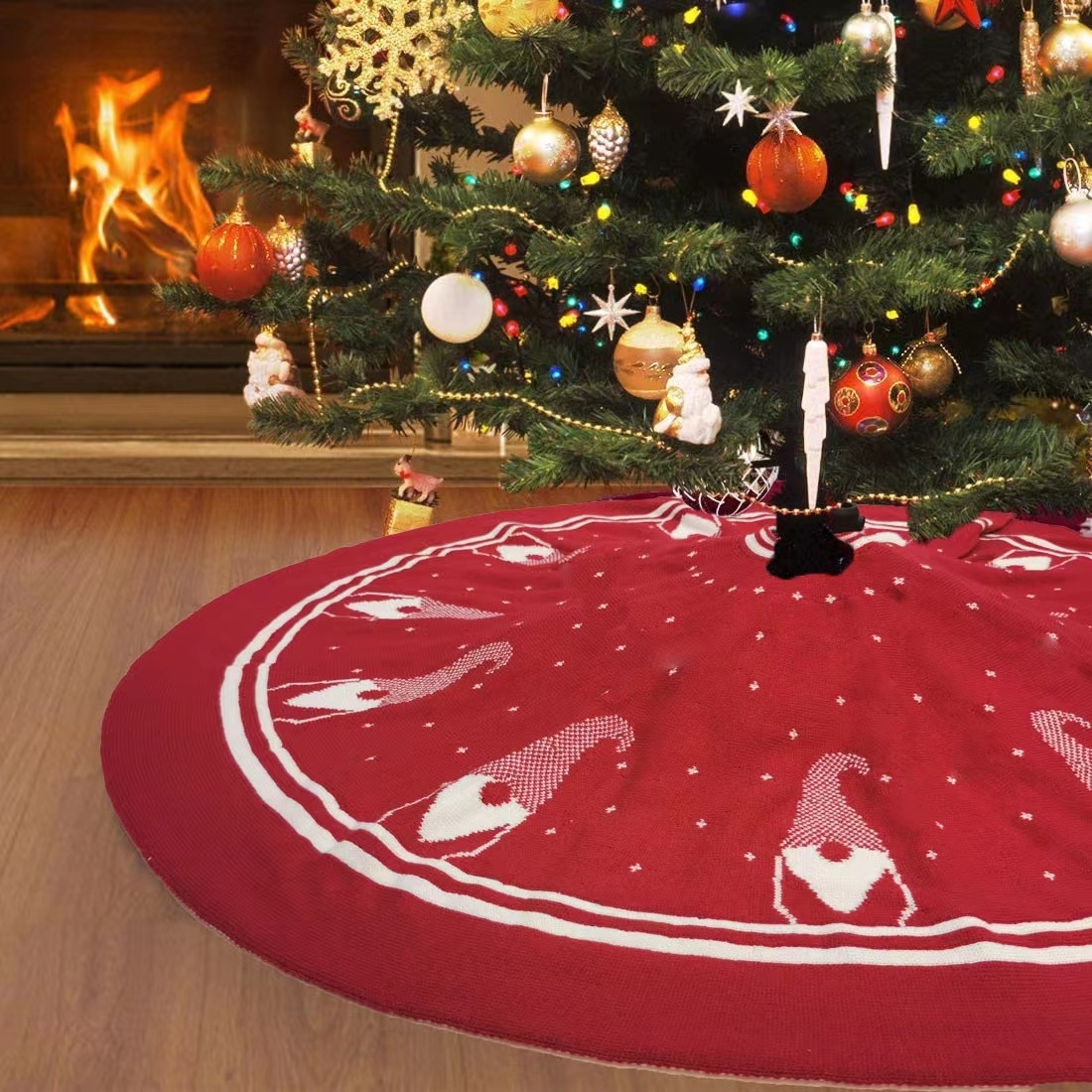 2024 new Christmas tree skirt knitted faceless doll pattern red and white double-sided available Christmas tree bottom apron