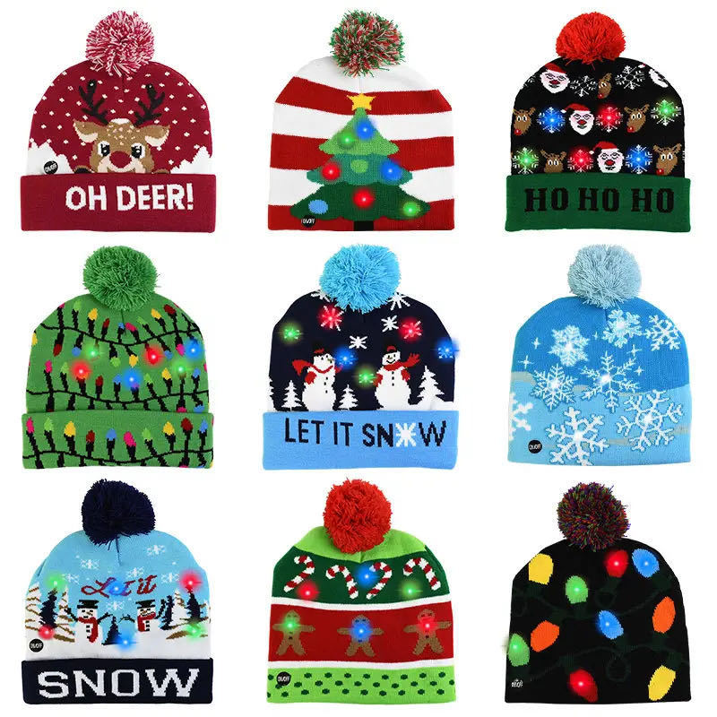 2024 New Year LED Knitted Christmas Hat Light Up Knitted Hat For Kids Adults New Year Christmas Decorations