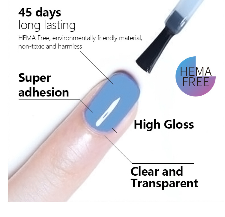 Hema Free Clear Gel Polish Private Label High Gloss Shining No-wipe Uv Gel Top Coat Base Coat