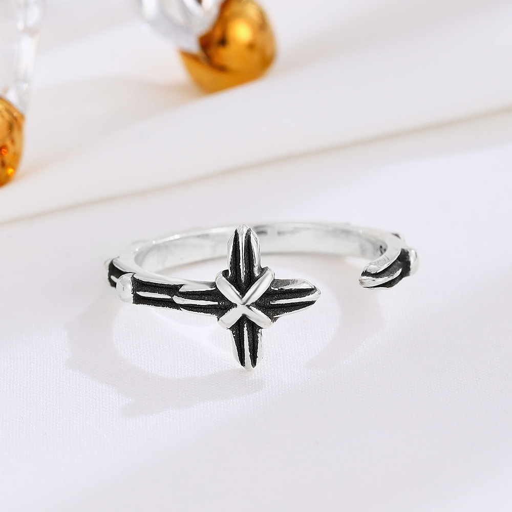 New high jewelry s925 sterling silver vintage cross open ring fashion style cheap price S925 Silver Men Resizable Ring