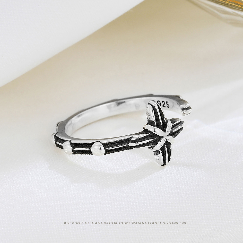 New high jewelry s925 sterling silver vintage cross open ring fashion style cheap price S925 Silver Men Resizable Ring