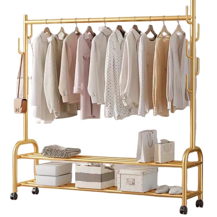 165CM Height Commercial Movable Round Pole Storage Racks Shelf Home Clothes Rack With Wheels Gold Color Coat Stand