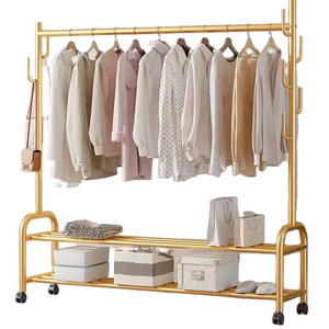 165CM Height Commercial Movable Round Pole Storage Racks Shelf Home Clothes Rack With Wheels Gold Color Coat Stand