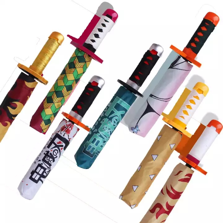 7 Styles Eight Bones Umbrellas Demon Slayer Kimetsu no Yaiba Three Folding Gift Katana Anime Umbrella Swords