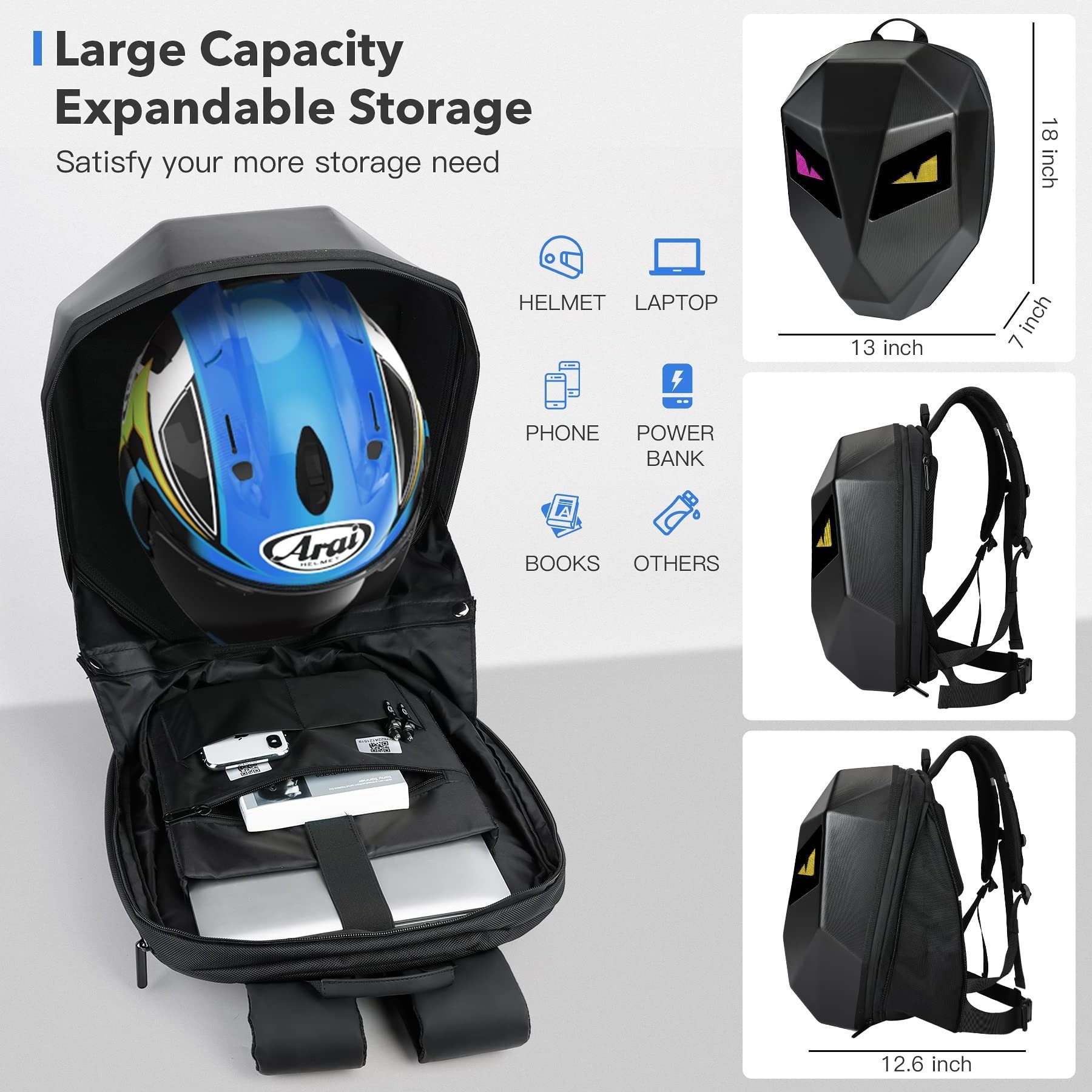 Hard Shell Black DIY Cool Mask Eyes Knight Motorcycle Riding Screen Display for Man Boys LED Waterproof Backpack Mochilas