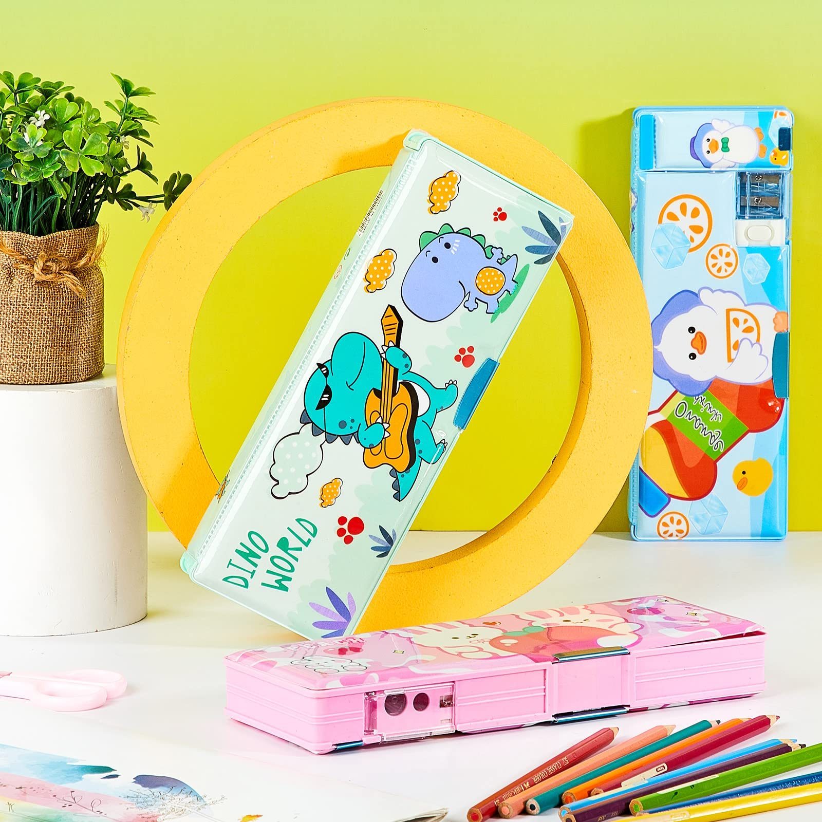 Multifunction Pencil Cases with Calculator Sharpener Box for Boys Plastic Dinosaur Stationery Organizer Box School Gift for Kids