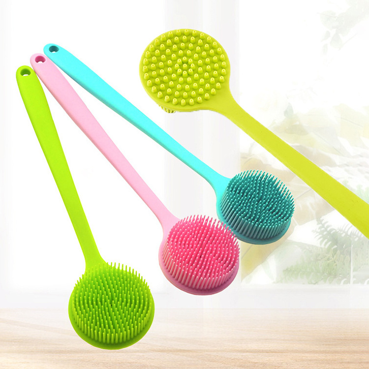 Soft Long Stick Handle Massage Exfoliating Scrubber Cleaning Double Sided Back Silicone Bath Body Brush for Shower