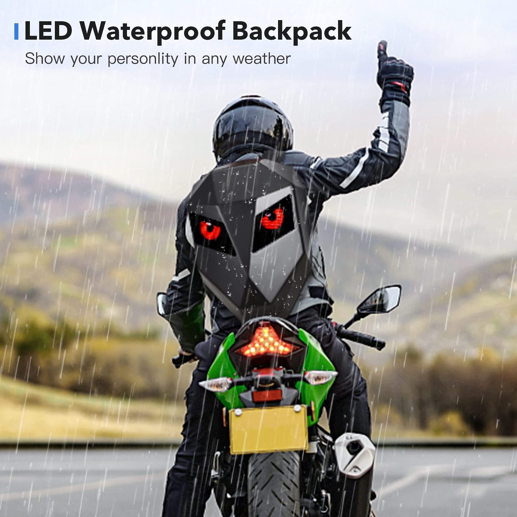 Hard Shell Black DIY Cool Mask Eyes Knight Motorcycle Riding Screen Display for Man Boys LED Waterproof Backpack Mochilas