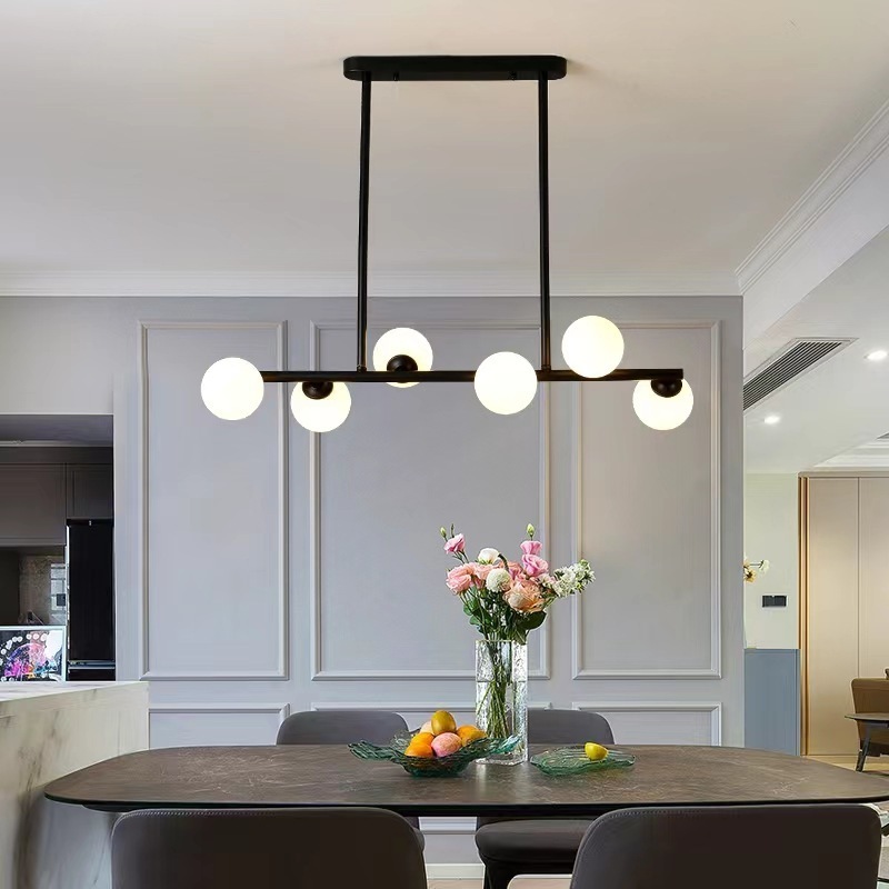 Modern Gold Chandelier Island Light Fixtures,8-Lights Milk Glass Globes Linear Hanging Pendant Lighting for Kitchen Island