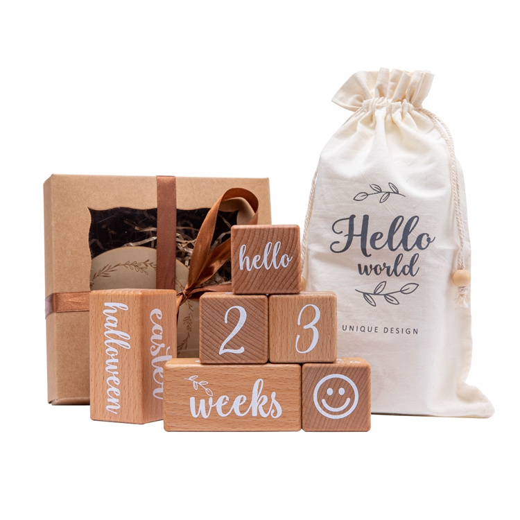 Newborn Wooden Monthly Milestone Set Printed Beech Baby Square Milestone Baby Milestone Block