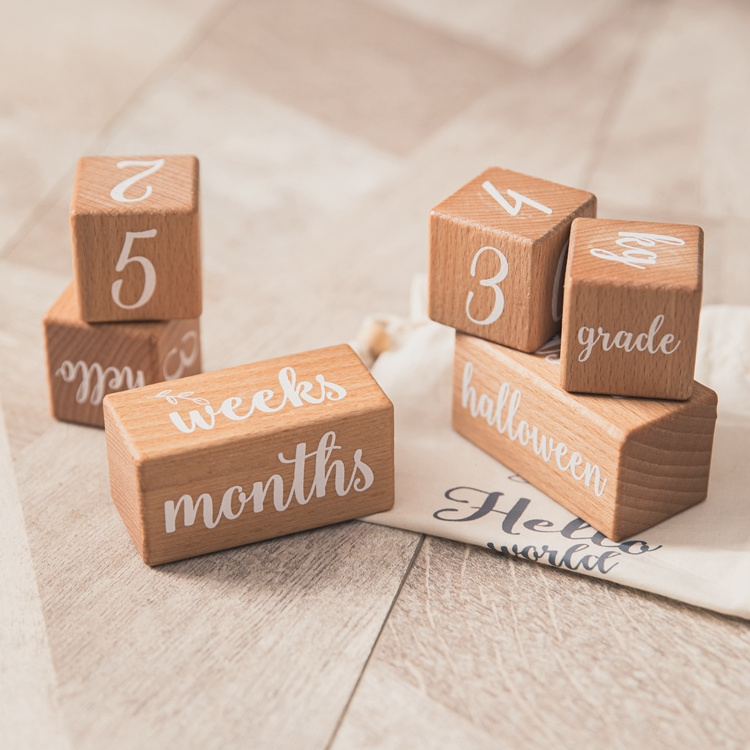 Newborn Wooden Monthly Milestone Set Printed Beech Baby Square Milestone Baby Milestone Block