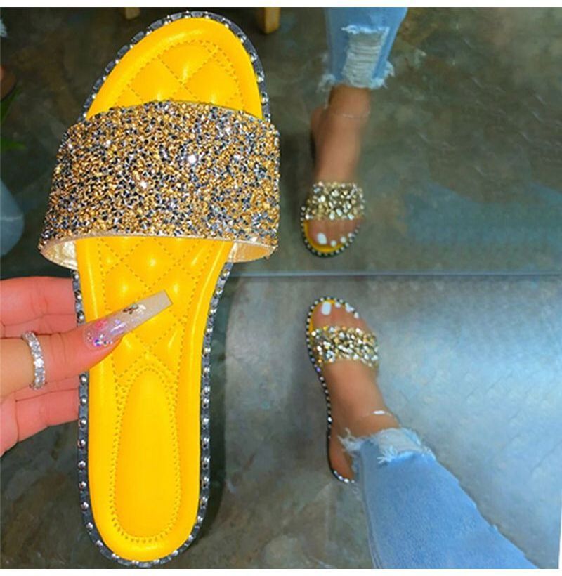 2022 New Arrival Fashion Crystal Flat Glitter Slides Slippers for Women Outdoor Beach Ladies Sandals Plus Size Women Shoes PU