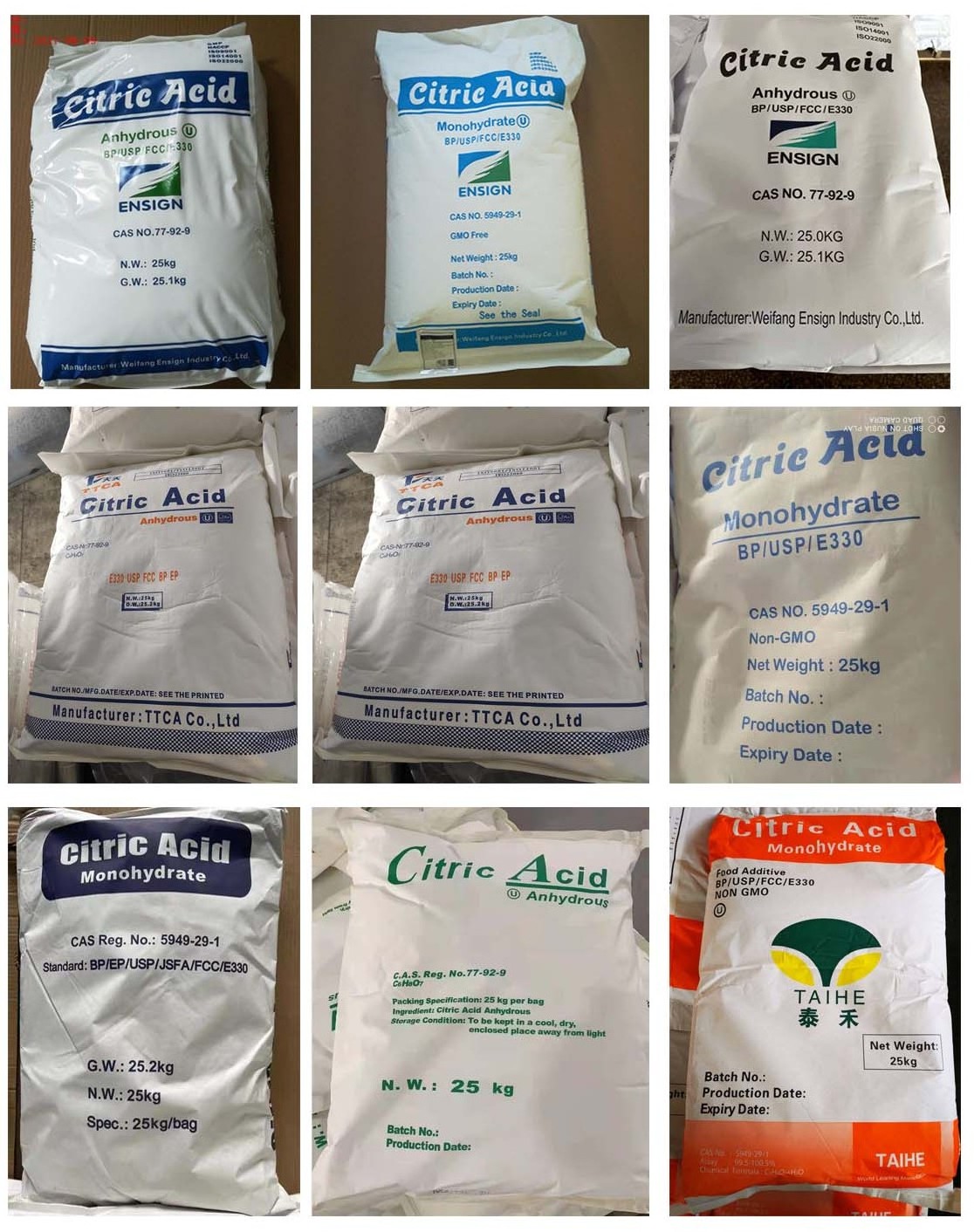 Plant Price  food grade25kg bag Citric Acid monohydrate anhydrous e330 ensign ttca rzbc TAIHE lemon star citric acid powder