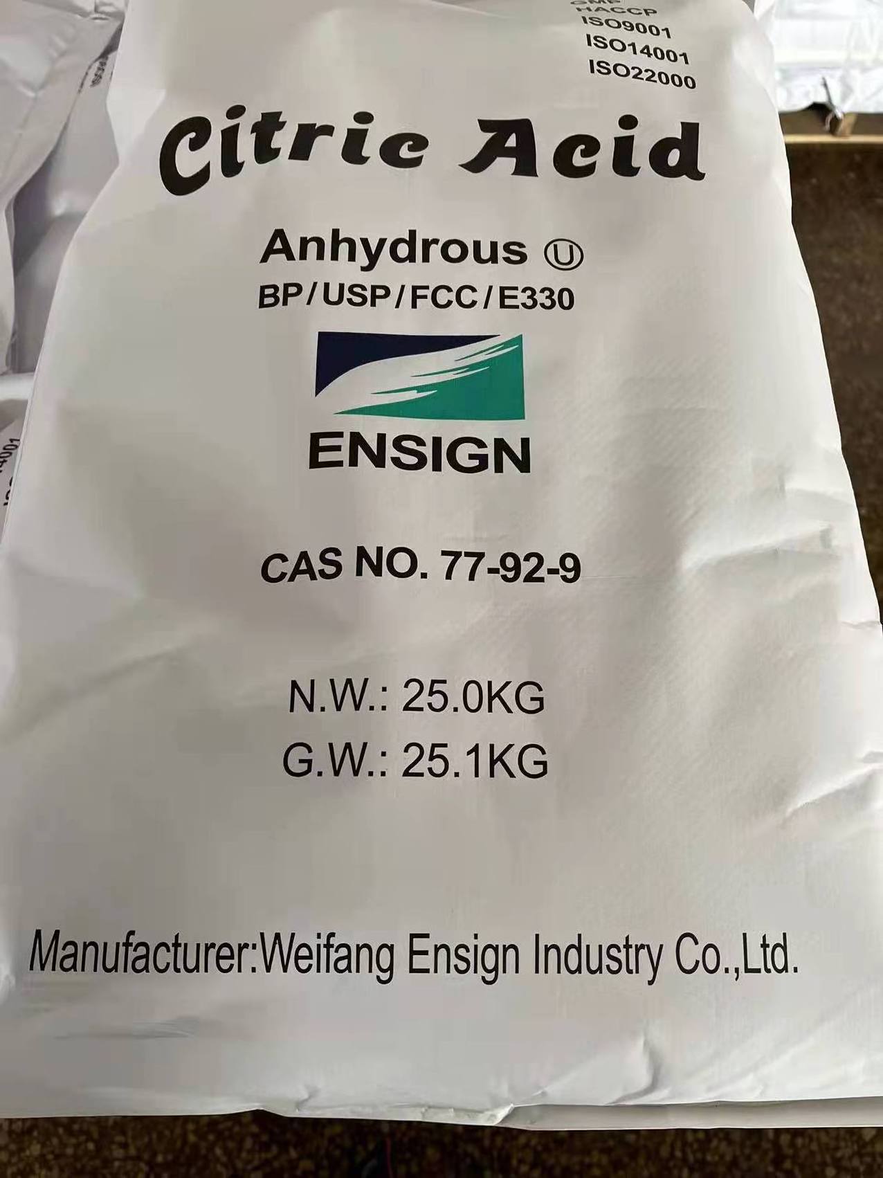 Plant Price  food grade25kg bag Citric Acid monohydrate anhydrous e330 ensign ttca rzbc TAIHE lemon star citric acid powder