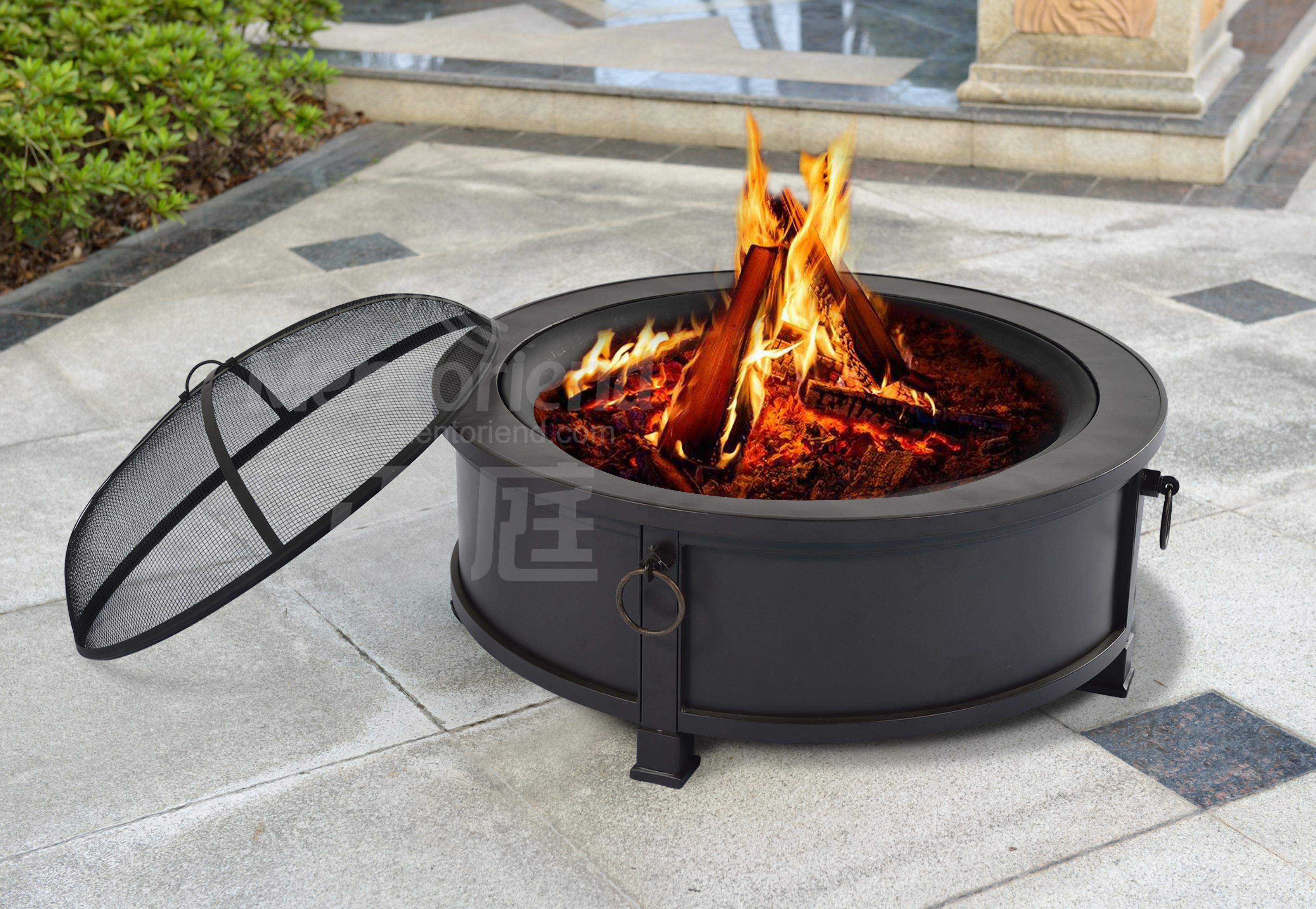 Large Bonfire Black Steel Burning Patio Backyard Firepit Outside Round Fireplace Cover Outdoor Fire Pit Table