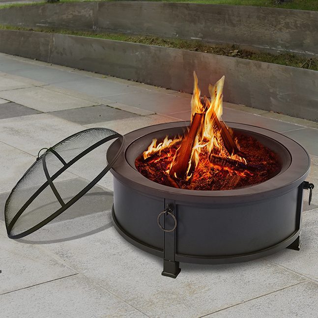 Large Bonfire Black Steel Burning Patio Backyard Firepit Outside Round Fireplace Cover Outdoor Fire Pit Table