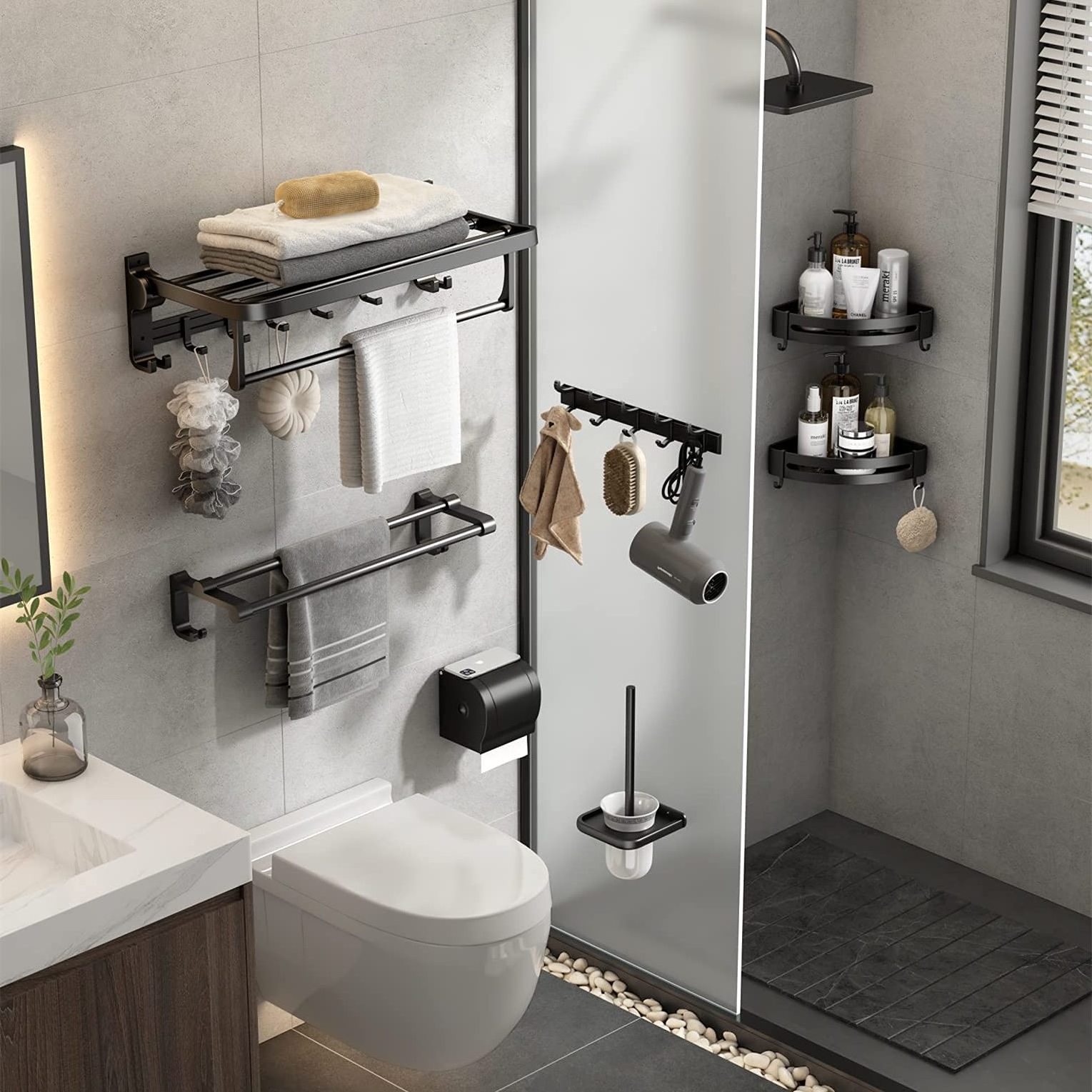 Towel Bar Holder Foldable Towel Shelf with Movable Hooks Rustproof Towel Storage Wall Mount for Bathroom Lavatory Silver