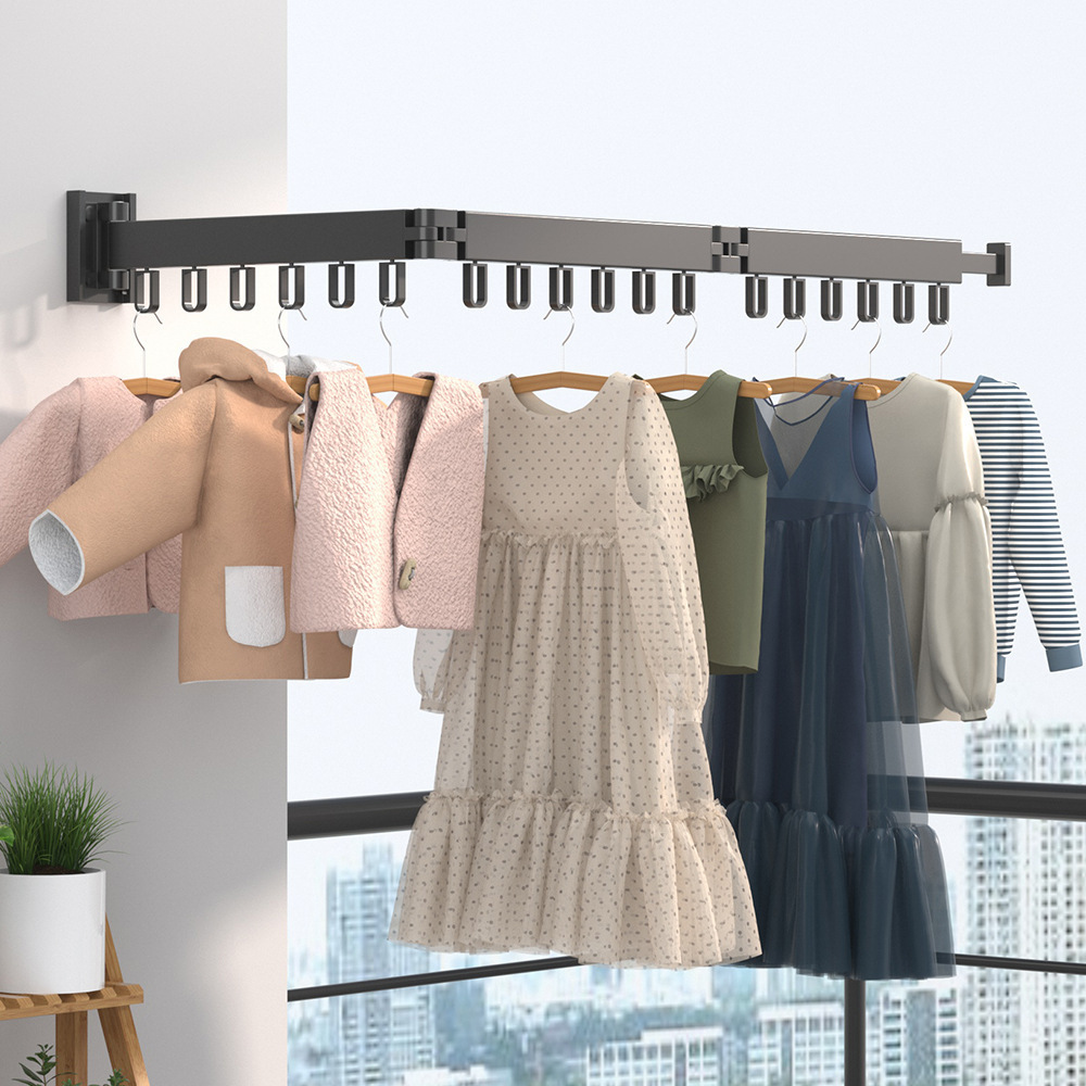 Folding clothes drying rack no punch telescopic room corner outside balcony metal simple clothes drying pole