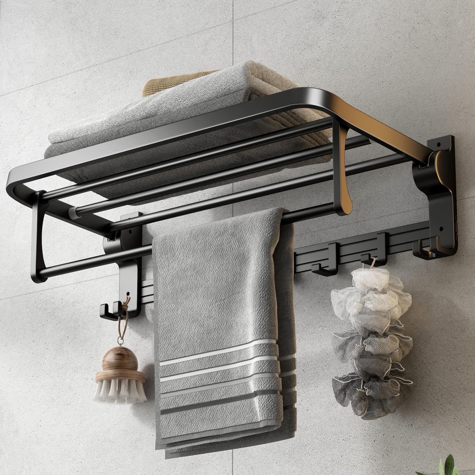 Towel Bar Holder Foldable Towel Shelf with Movable Hooks Rustproof Towel Storage Wall Mount for Bathroom Lavatory Silver