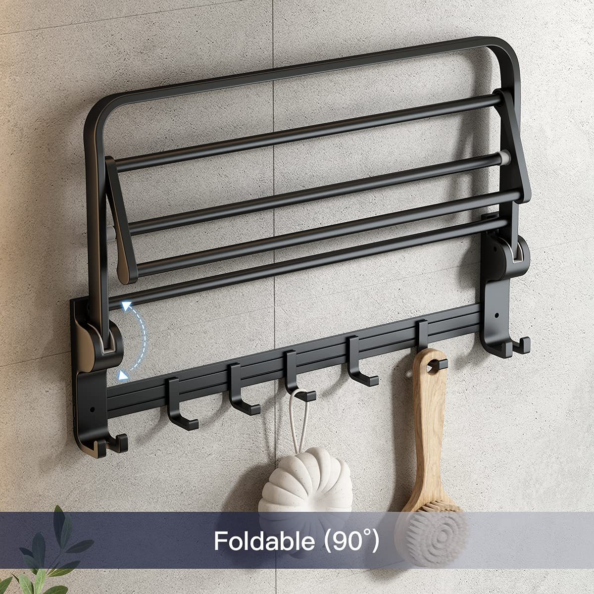 Towel Bar Holder Foldable Towel Shelf with Movable Hooks Rustproof Towel Storage Wall Mount for Bathroom Lavatory Silver