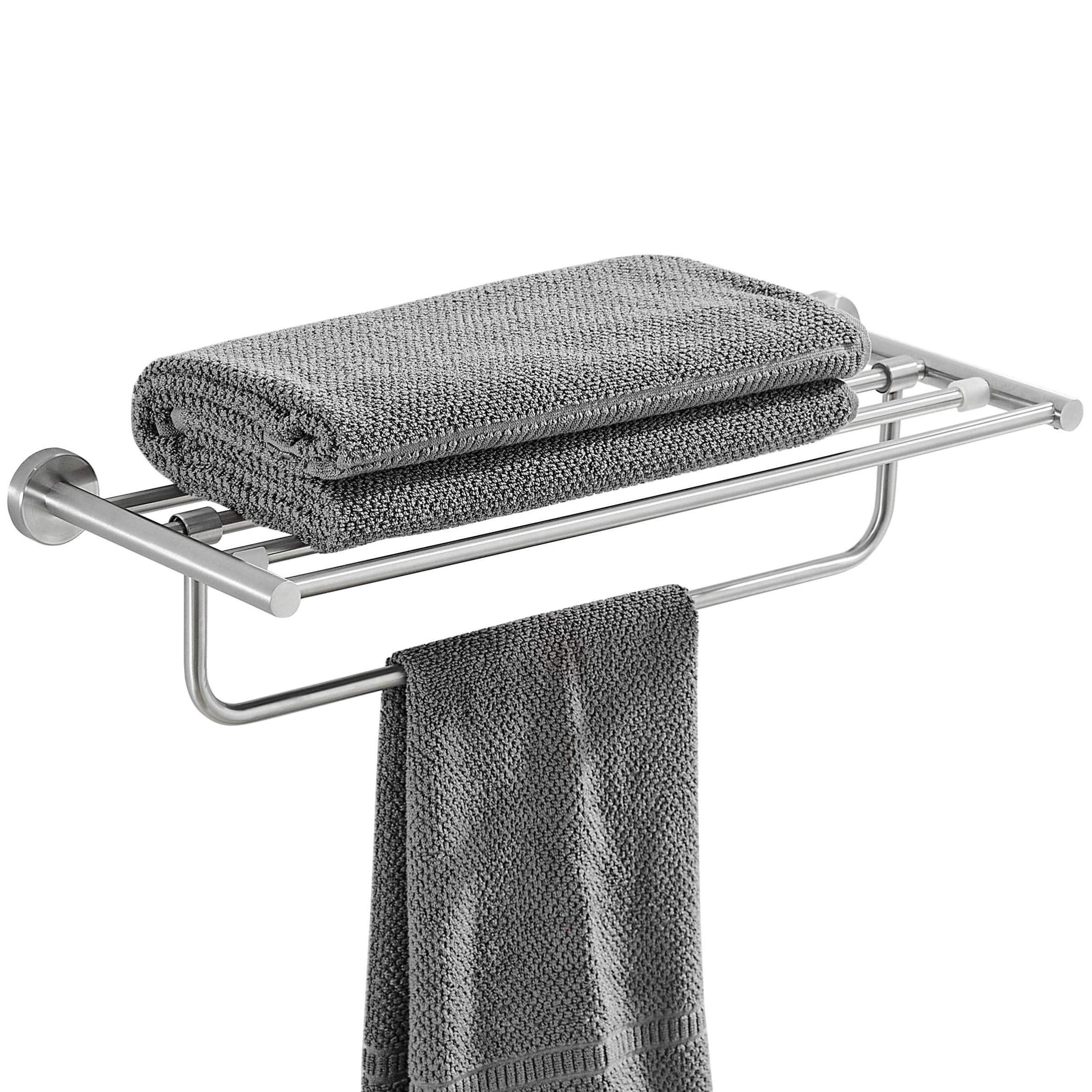 Towel Bar Holder Foldable Towel Shelf with Movable Hooks Rustproof Towel Storage Wall Mount for Bathroom Lavatory Silver