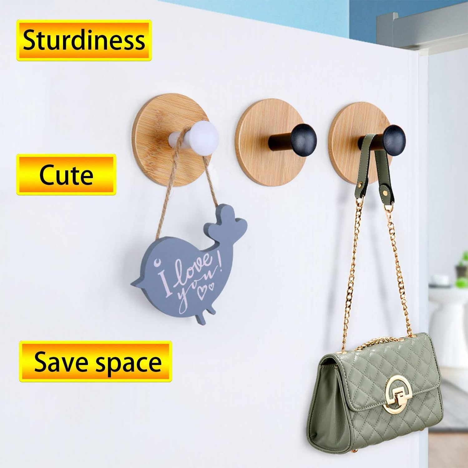 Wall hooks 4 small decorative Bamboo adhesive coated heavy-duty wall hooks for clothes backpacks keys hats