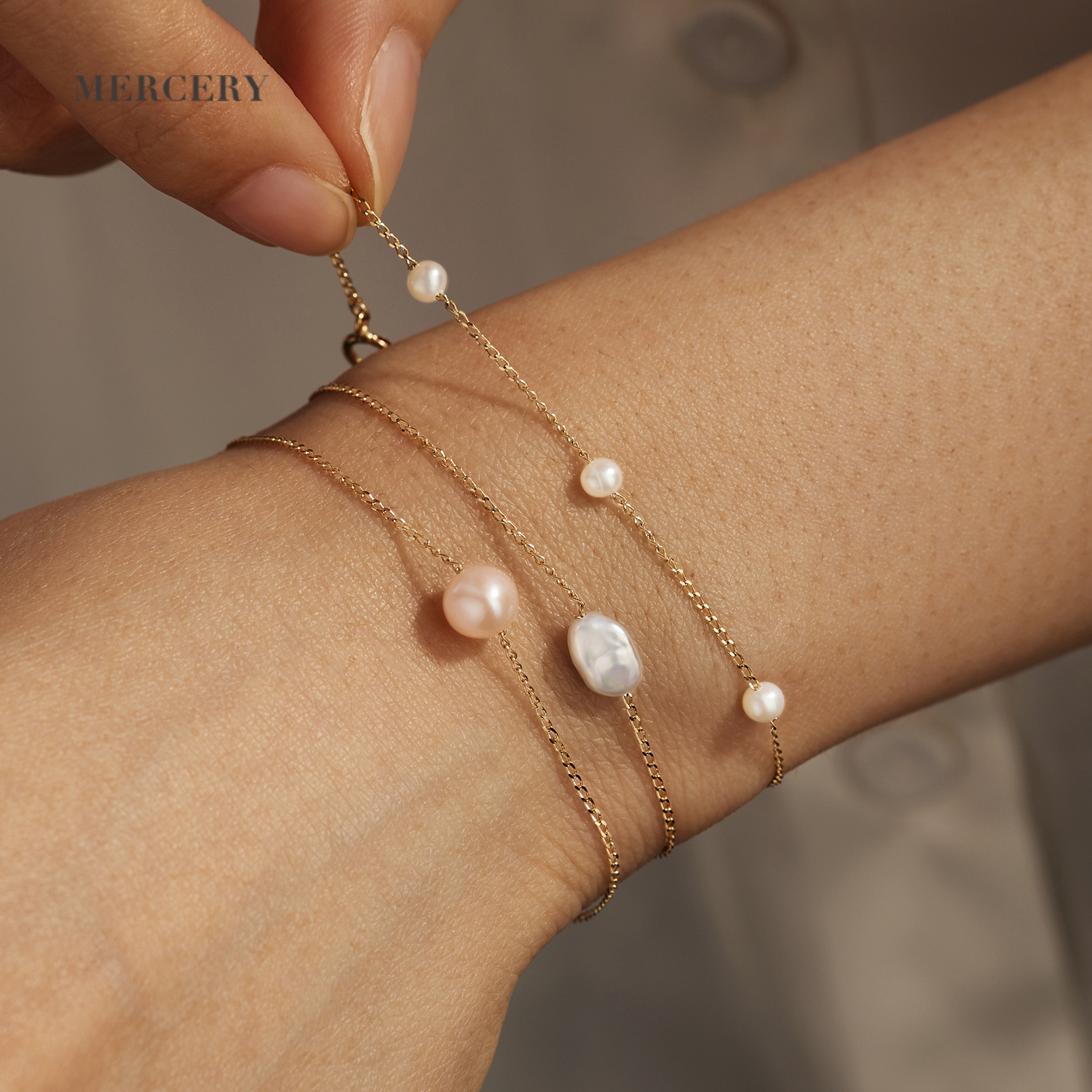 Mercery Women Fine Jewelry Dainty Pearl Bracelet Natural Irregular Single Pearl  Adjustable Size 14K Solid Gold Bracelet