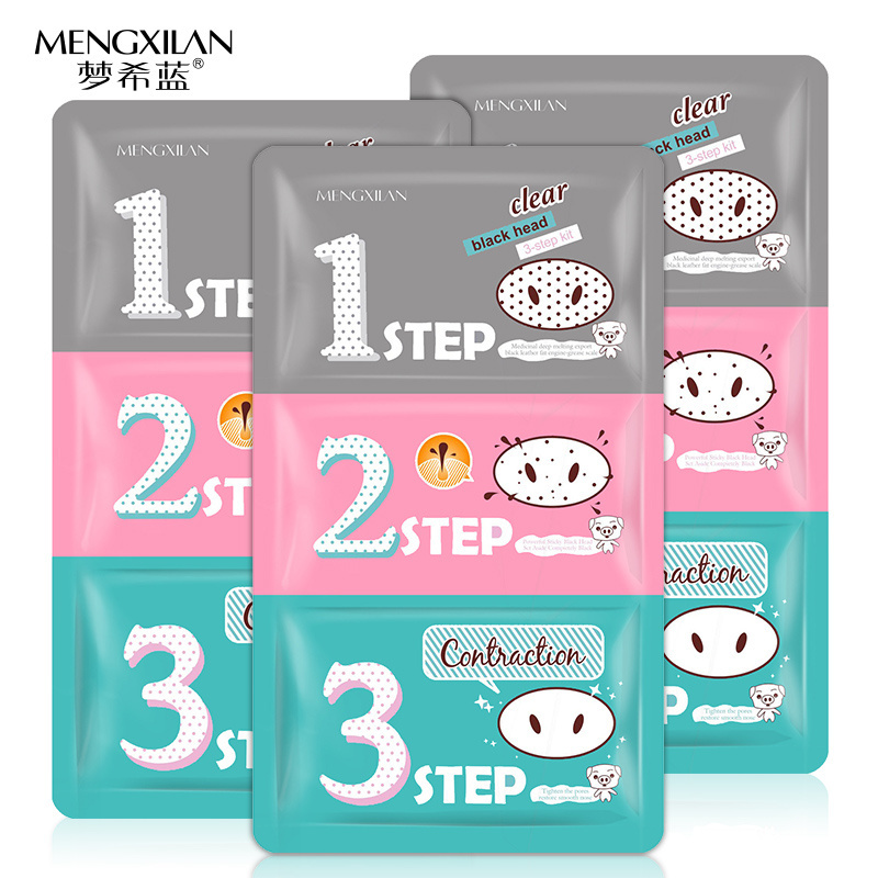 OEM Wholesale Private Label Pig Nose Mask Remove Blackhead Acne Clean 3 Step Kit Clear Black Nose Mask skin care