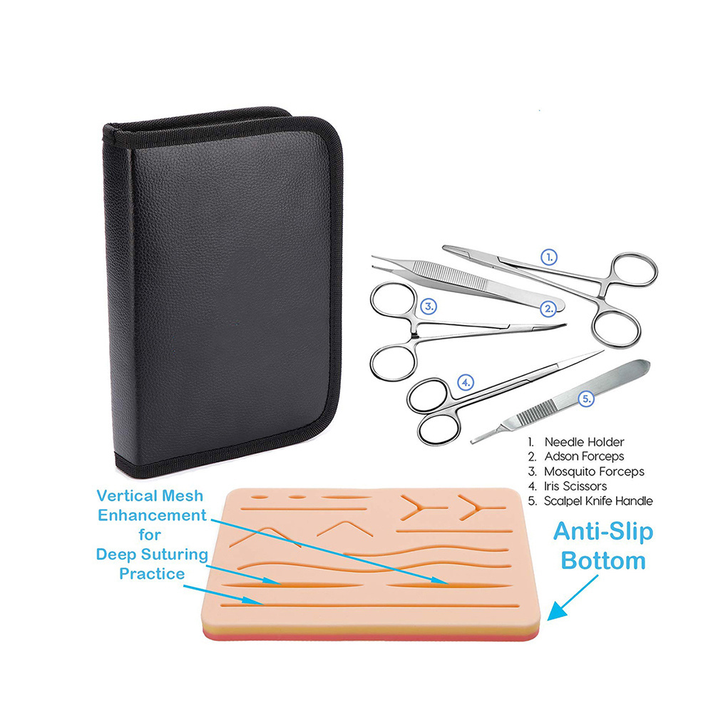 Surgery Kits 5 Pieces Iris Scissor Adson Forceps Mosquito Forceps Scaler Anti Slip Suture Pad Surgical Set With Leather Case