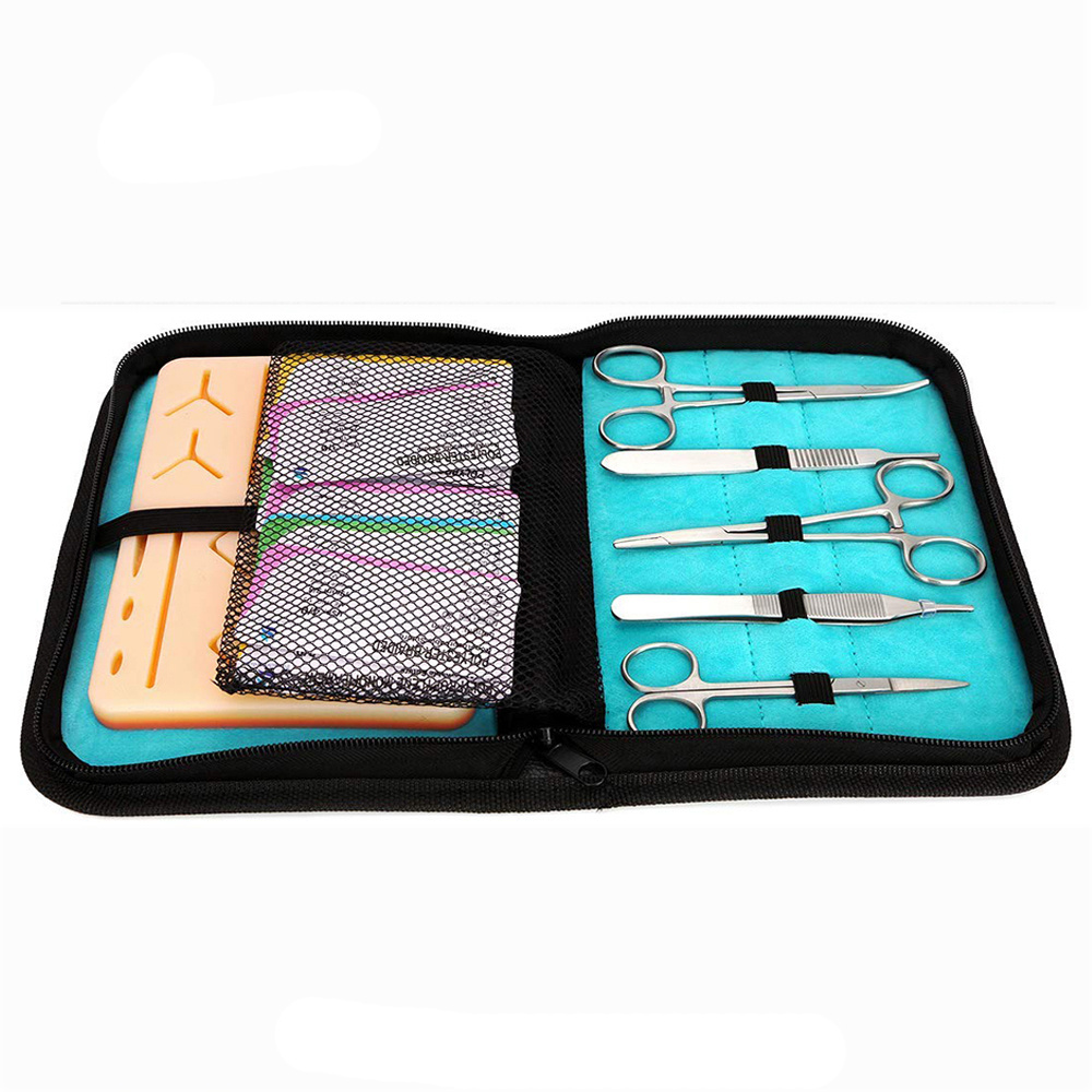 Surgery Kits 5 Pieces Iris Scissor Adson Forceps Mosquito Forceps Scaler Anti Slip Suture Pad Surgical Set With Leather Case