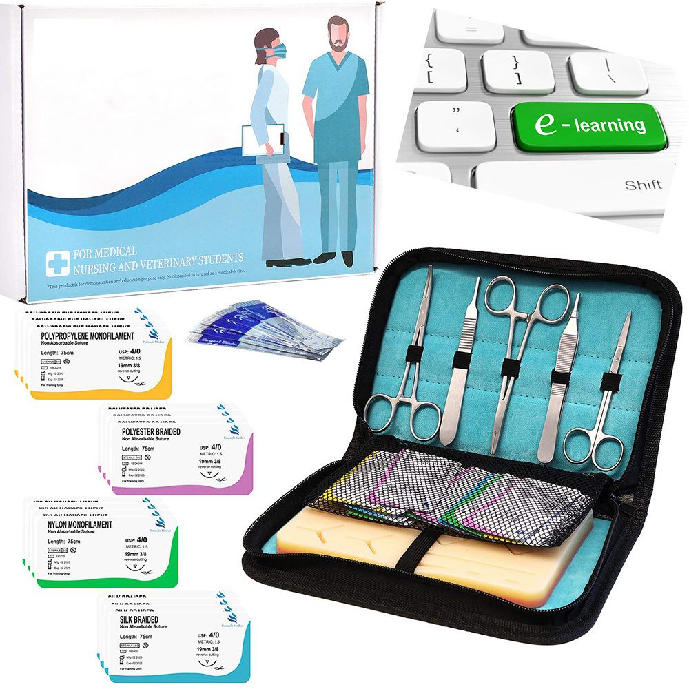 Surgery Kits 5 Pieces Iris Scissor Adson Forceps Mosquito Forceps Scaler Anti Slip Suture Pad Surgical Set With Leather Case