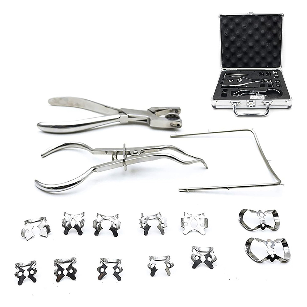 High Quality Dental Rubber Dam Kit Metal Steel Instruments Rubber Dam Frame Forceps Clamps Punch Kit With Case