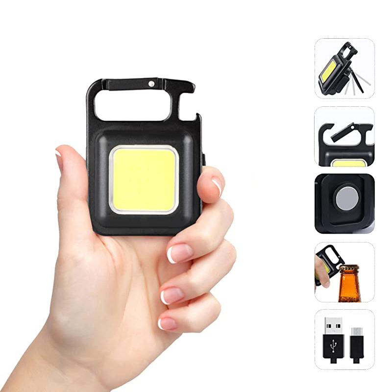 COB Mini Flashlights, 800Lumens Bright Rechargeable Keychain Light with Collapsible Bracket and Magnet