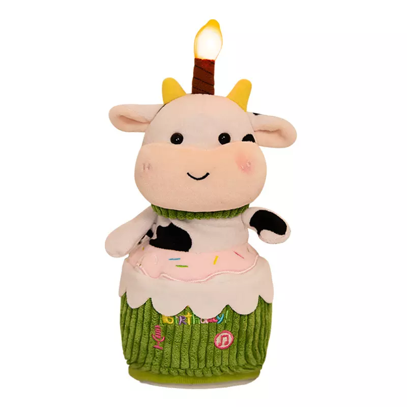 Custom Happy Birthday stuffed Cow Rabbit Pig Holding Cake Musical Dancing Singing electric plush toy with light